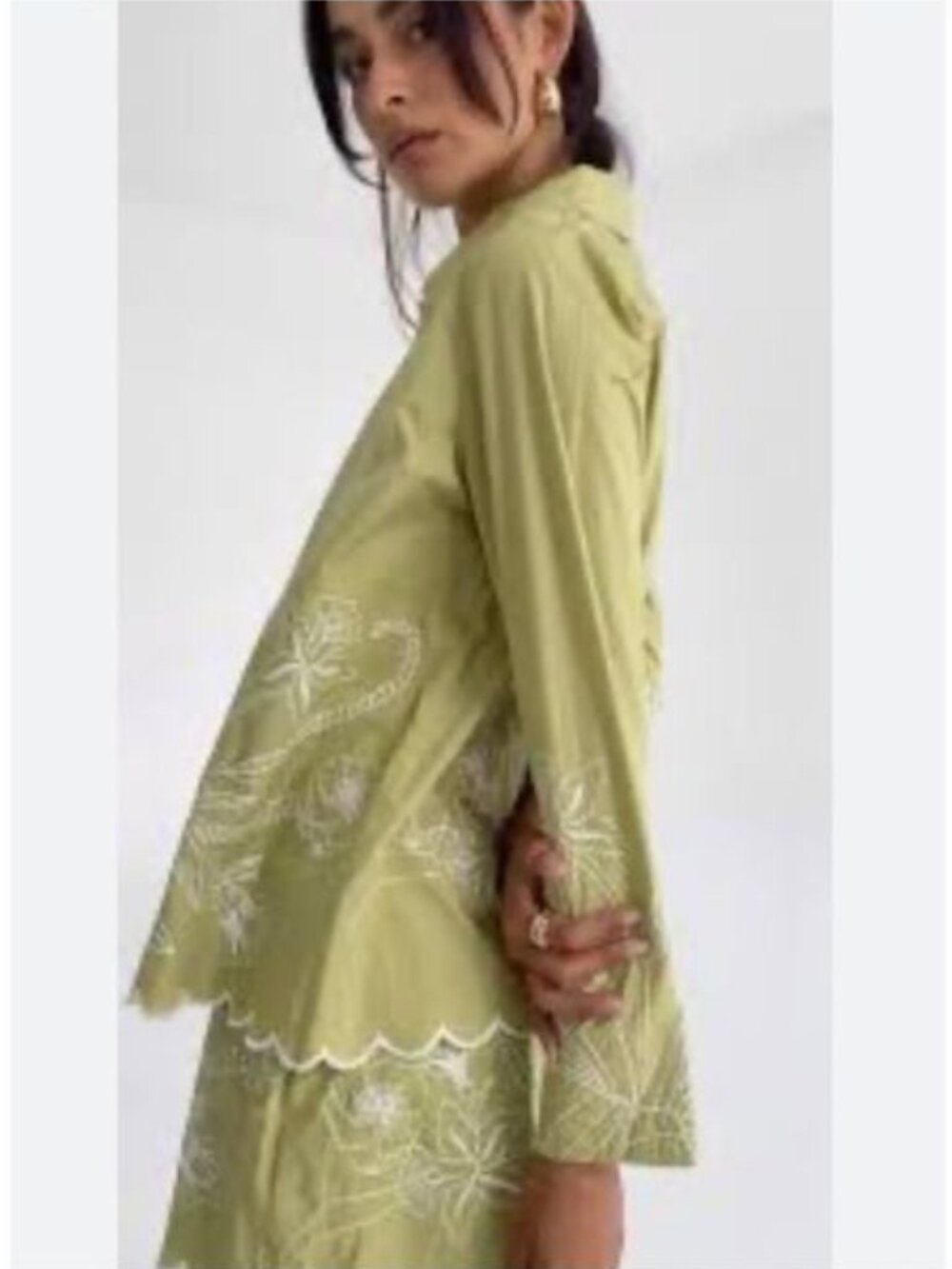 NWOT Rue Stiic S Embroidered Cotton Button Front Blouse Olive Green Scalloped